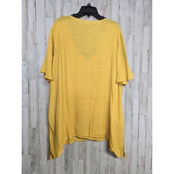 Avenue Women's Plus 26 28 Tiered Top Mustard Yellow Short Sleeve - Picture 4 of 5